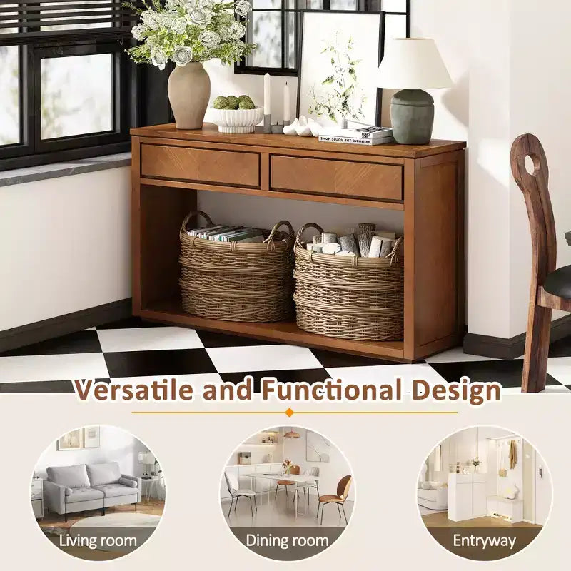 Console rustique avec rangement, table d'entrée de style fermier avec tiroirs et étagère ouverte, table de canapé vintage en bois pour couloir