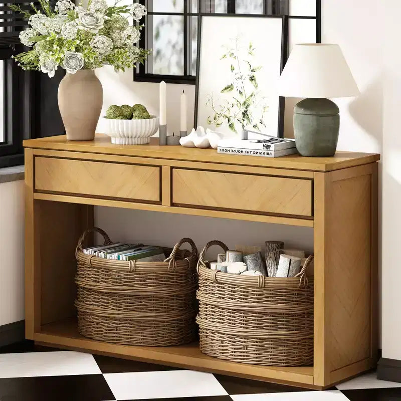 Rustic Console Table with Storage, Farmhouse Entryway Table with Drawers and Open Shelf, Wood Vintage Sofa Table for Hallway