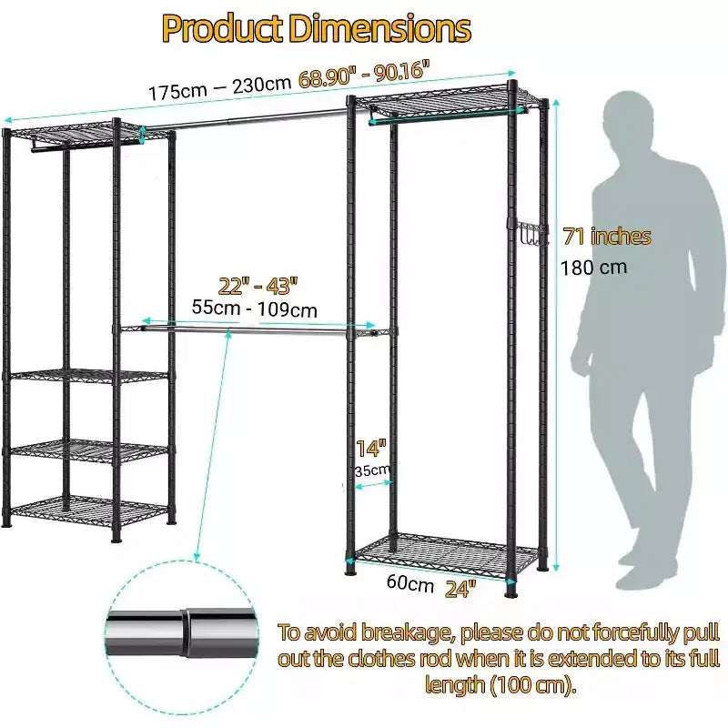 Heavy Duty Clothes Rack 870LBS - Extendable Rod, Adjustable Portable Garment Organizer, Freestanding Closet System 13.78Dx90Wx71H Black