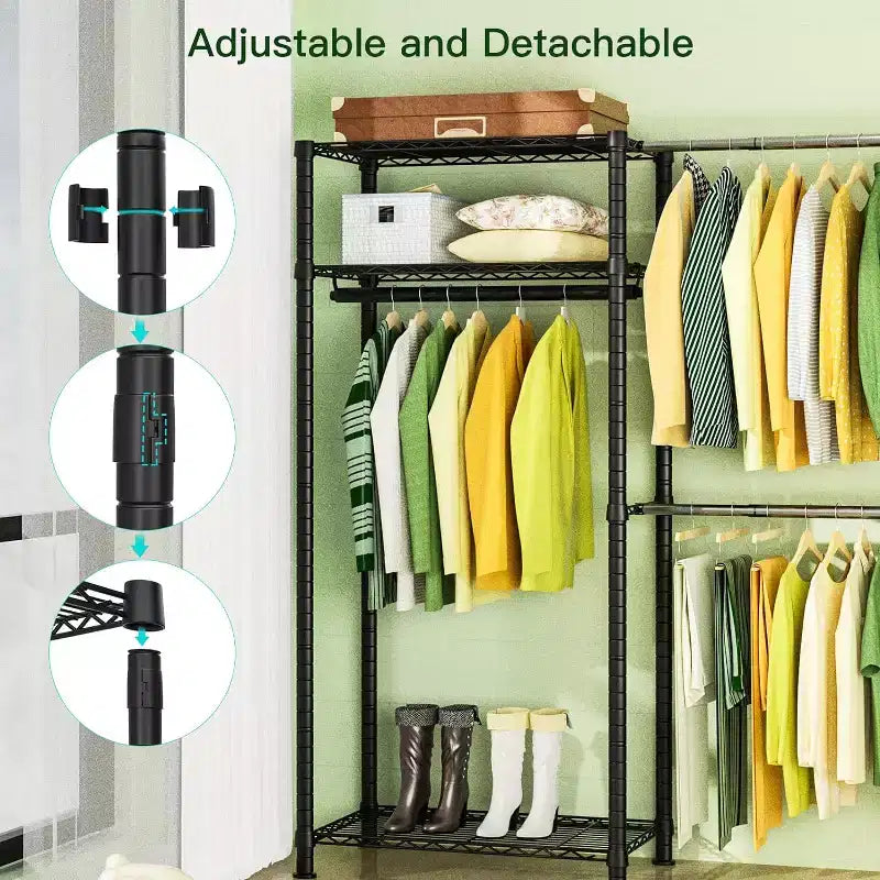 Heavy Duty Clothes Rack 870LBS - Extendable Rod, Adjustable Portable Garment Organizer, Freestanding Closet System 13.78Dx90Wx71H Black