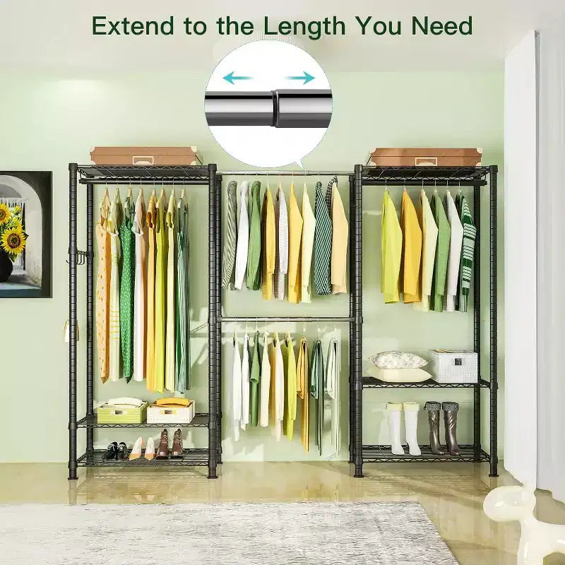 Heavy Duty Clothes Rack 870LBS - Extendable Rod, Adjustable Portable Garment Organizer, Freestanding Closet System 13.78Dx90Wx71H Black