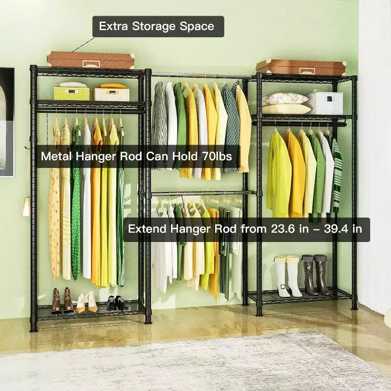 Heavy Duty Clothes Rack 870LBS - Extendable Rod, Adjustable Portable Garment Organizer, Freestanding Closet System 13.78Dx90Wx71H Black