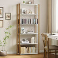 Freestanding Wooden 6 Tier Industrial Tall 71 Inches Wooden Bookshelf,Metal Frame Large Open Bookcase for Bedroom,Living Room,Office, White and Gold