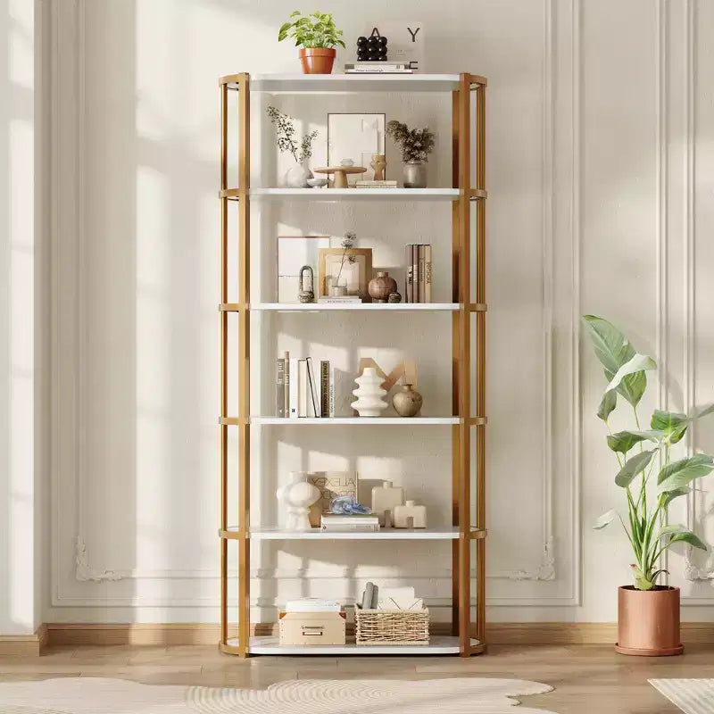 Freestanding Wooden 6 Tier Industrial Tall 71 Inches Wooden Bookshelf,Metal Frame Large Open Bookcase for Bedroom,Living Room,Office, White and Gold