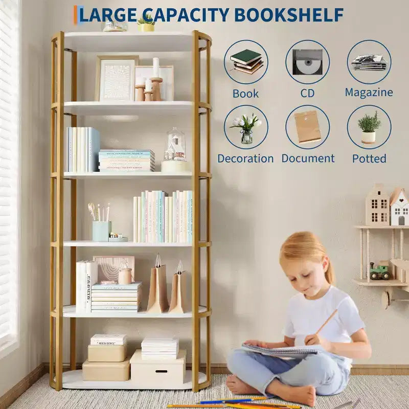 Freestanding Wooden 6 Tier Industrial Tall 71 Inches Wooden Bookshelf,Metal Frame Large Open Bookcase for Bedroom,Living Room,Office, White and Gold