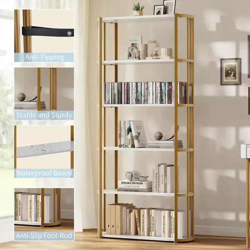 Freestanding Wooden 6 Tier Industrial Tall 71 Inches Wooden Bookshelf,Metal Frame Large Open Bookcase for Bedroom,Living Room,Office, White and Gold