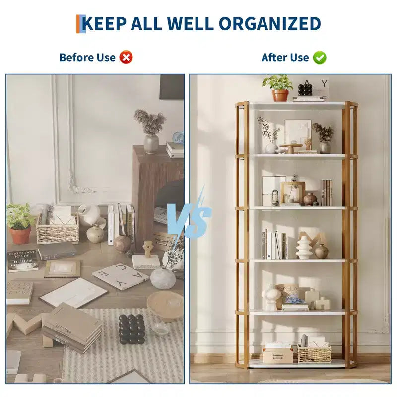 Freestanding Wooden 6 Tier Industrial Tall 71 Inches Wooden Bookshelf,Metal Frame Large Open Bookcase for Bedroom,Living Room,Office, White and Gold