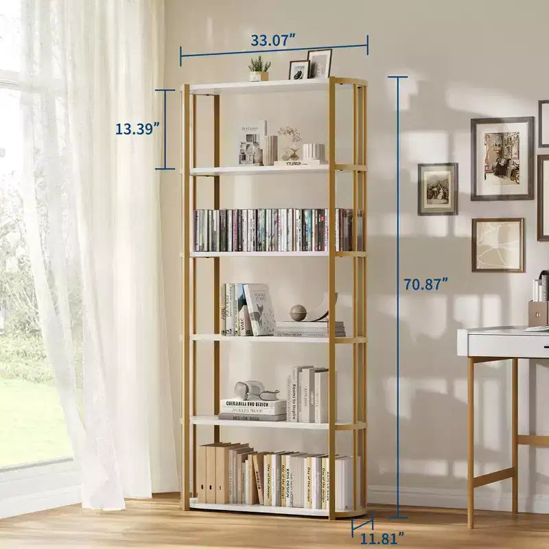 Freestanding Wooden 6 Tier Industrial Tall 71 Inches Wooden Bookshelf,Metal Frame Large Open Bookcase for Bedroom,Living Room,Office, White and Gold