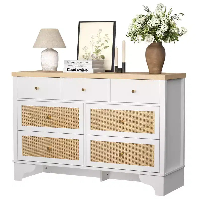 7 Drawer Dresser for Bedroom, 47.3 Wide Natural Rattan Chest of Drawers, Wood Boho Clothing Storage Organizer, for Living Room