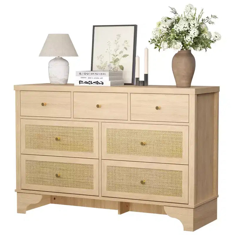 7 Drawer Dresser for Bedroom, 47.3 Wide Natural Rattan Chest of Drawers, Wood Boho Clothing Storage Organizer, for Living Room