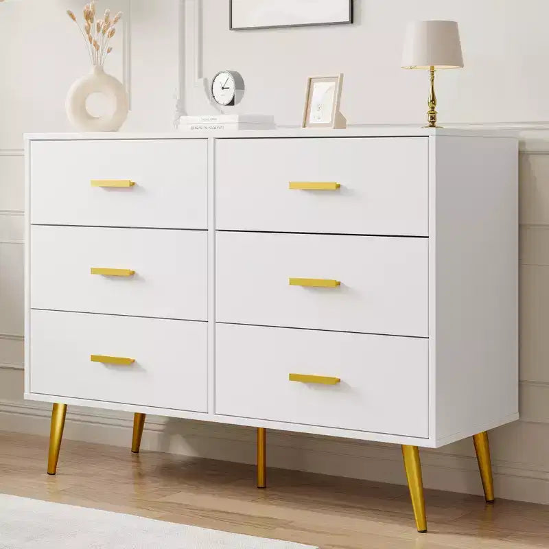 6 Drawer Wooden Dresser with Gold Knobs, Large Storage Chest for Bedroom Living Room or Entryway, Modern Bedroom Furniture