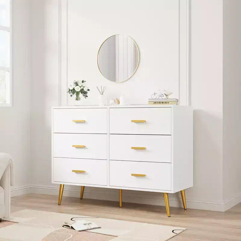 6 Drawer Wooden Dresser with Gold Knobs, Large Storage Chest for Bedroom Living Room or Entryway, Modern Bedroom Furniture
