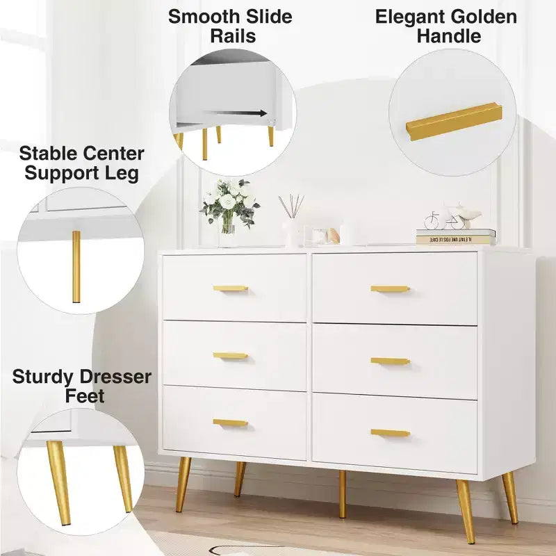 6 Drawer Wooden Dresser with Gold Knobs, Large Storage Chest for Bedroom Living Room or Entryway, Modern Bedroom Furniture