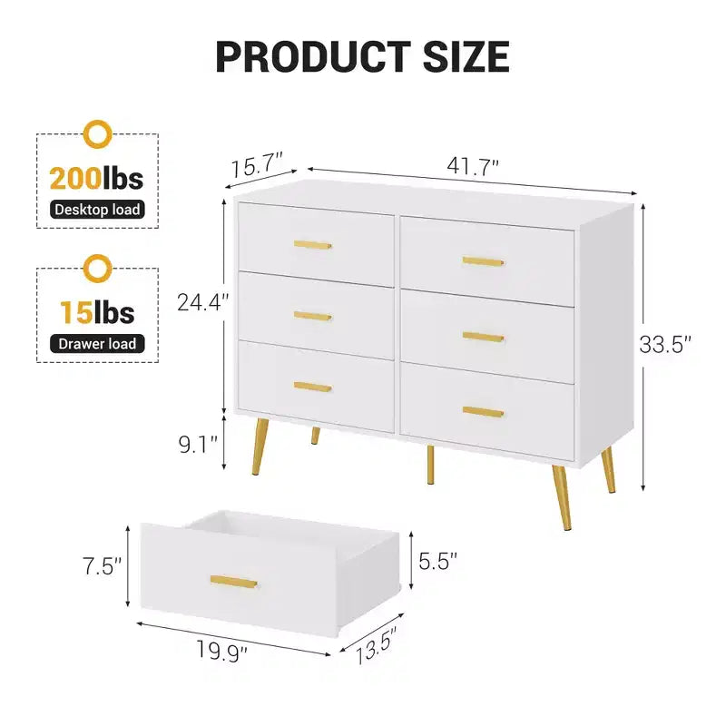 6 Drawer Wooden Dresser with Gold Knobs, Large Storage Chest for Bedroom Living Room or Entryway, Modern Bedroom Furniture