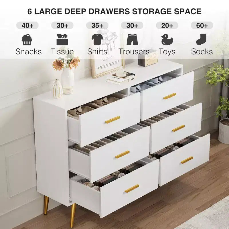 6 Drawer Wooden Dresser with Gold Knobs, Large Storage Chest for Bedroom Living Room or Entryway, Modern Bedroom Furniture