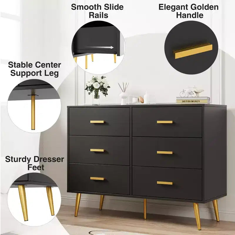 6 Drawer Wooden Dresser with Gold Knobs, Large Storage Chest for Bedroom Living Room or Entryway, Modern Bedroom Furniture