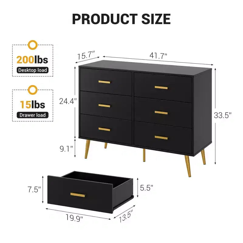 6 Drawer Wooden Dresser with Gold Knobs, Large Storage Chest for Bedroom Living Room or Entryway, Modern Bedroom Furniture