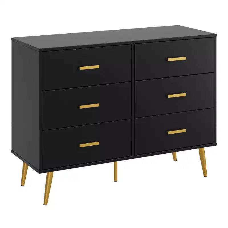 6 Drawer Wooden Dresser with Gold Knobs, Large Storage Chest for Bedroom Living Room or Entryway, Modern Bedroom Furniture