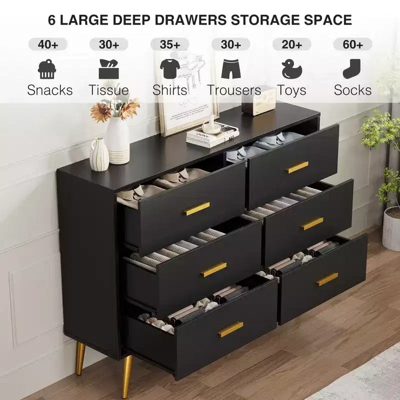 6 Drawer Wooden Dresser with Gold Knobs, Large Storage Chest for Bedroom Living Room or Entryway, Modern Bedroom Furniture