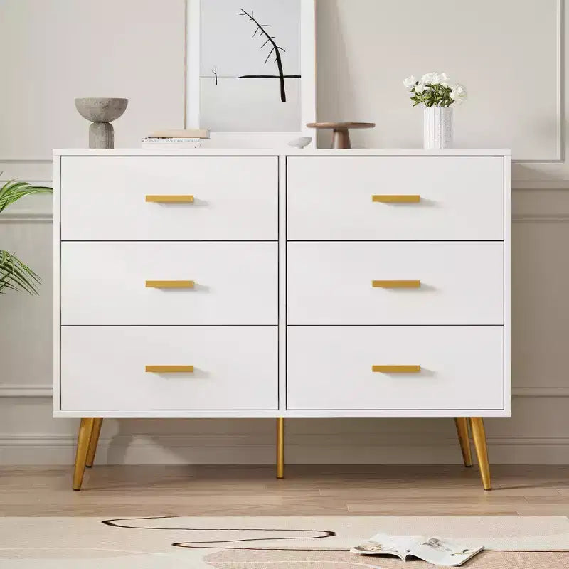 6 Drawer Wooden Dresser with Gold Knobs, Large Storage Chest for Bedroom Living Room or Entryway, Modern Bedroom Furniture