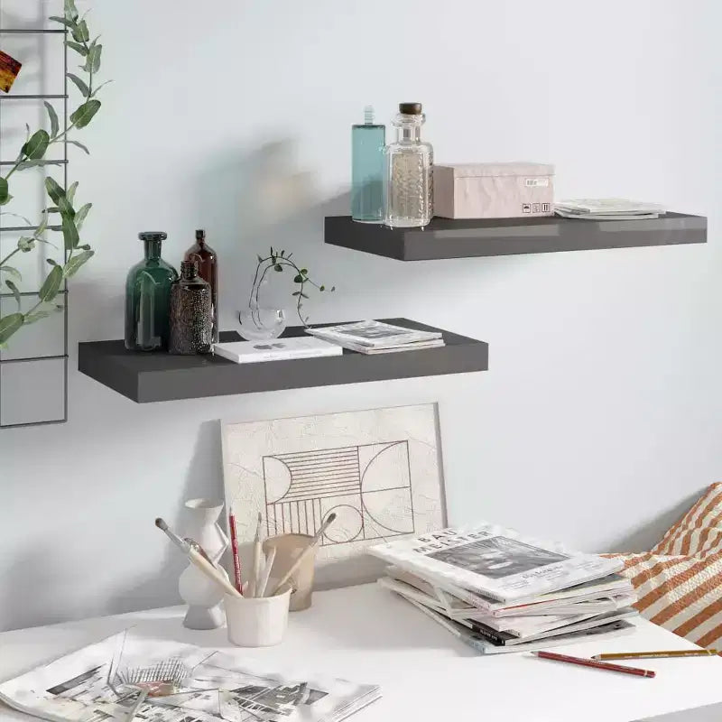 Wall Shelf Set of 2 High gloss grey Honeycomb MDF, metal