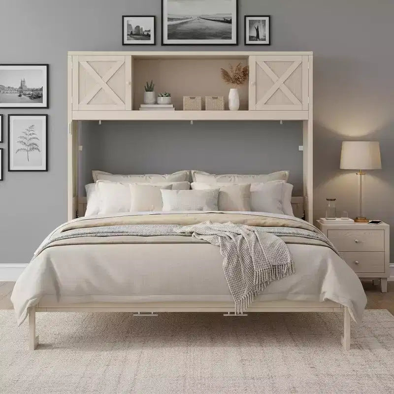 Lit escamotable grand format avec rangements supérieurs et portes d'armoire décoratives