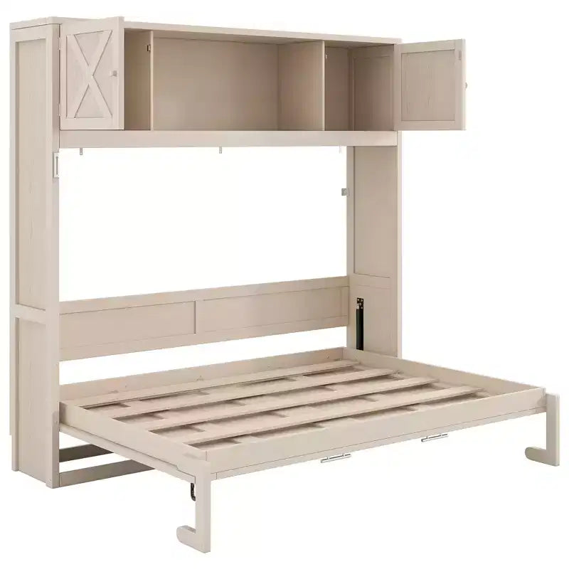 Lit escamotable grand format avec rangements supérieurs et portes d'armoire décoratives