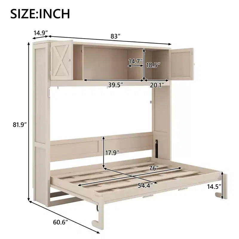 Lit escamotable grand format avec rangements supérieurs et portes d'armoire décoratives