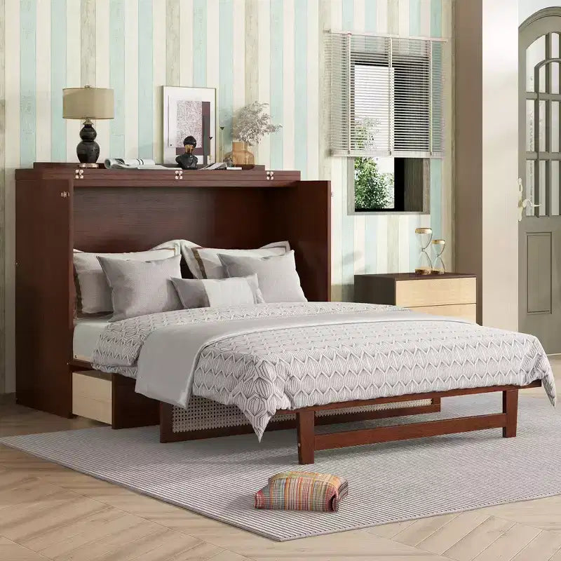 Queen Size Murphy Bed, Pine Wood Cabinet Bed with Rattan Decoration and Storage Drawer Walnut