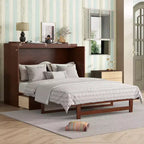 Lit escamotable Queen Size, Armoire-lit en pin avec décorations en rotin et tiroir de rangement Noyer