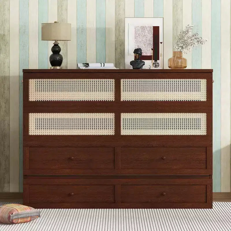 Queen Size Murphy Bed, Pine Wood Cabinet Bed with Rattan Decoration and Storage Drawer Walnut