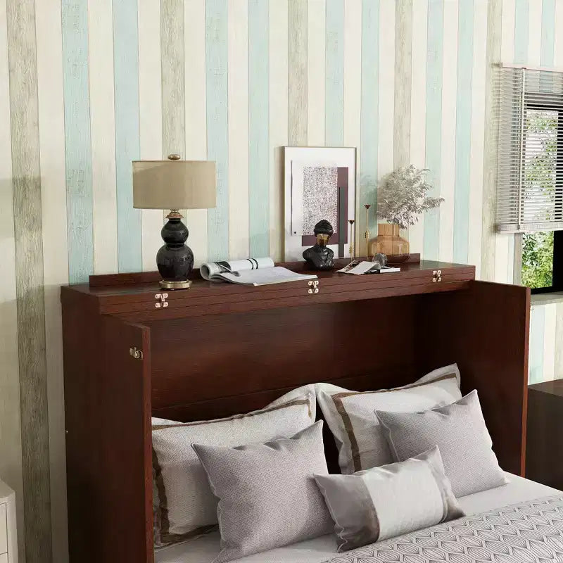 Queen Size Murphy Bed, Pine Wood Cabinet Bed with Rattan Decoration and Storage Drawer Walnut
