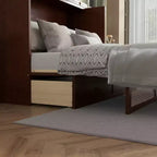 Lit escamotable Queen Size, Armoire-lit en pin avec décorations en rotin et tiroir de rangement Noyer