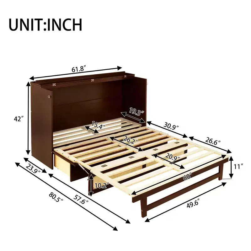 Queen Size Murphy Bed, Pine Wood Cabinet Bed with Rattan Decoration and Storage Drawer Walnut