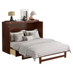 Lit escamotable Queen Size, Armoire-lit en pin avec décorations en rotin et tiroir de rangement Noyer