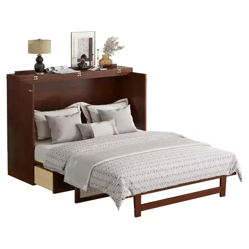 Queen Size Murphy Bed, Pine Wood Cabinet Bed with Rattan Decoration and Storage Drawer Walnut