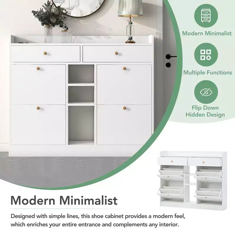 Modern Freestanding Shoe Cabinet Side Board with Adjustable Shelves/Flip Drawers,Minimalist Shoe Rack for Corridors, Entrances