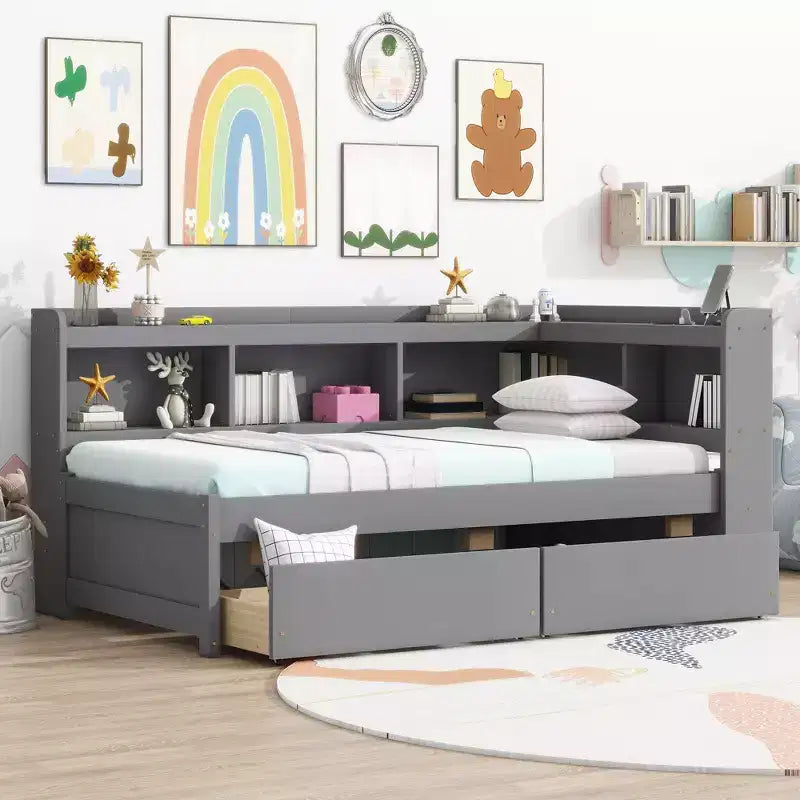 Twin L-shaped Bookcase Bed with Pine Wood Frame Two Drawers for Bedroom Gray