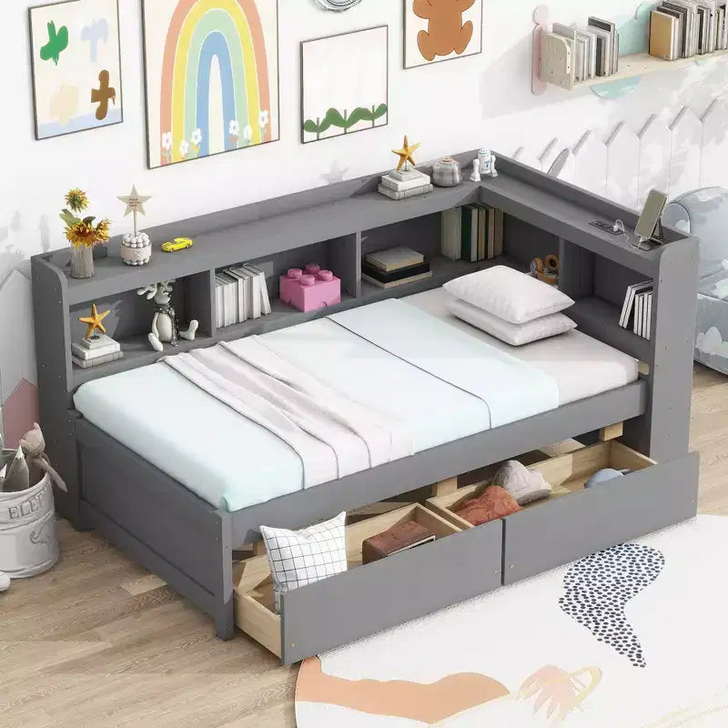 Twin L-shaped Bookcase Bed with Pine Wood Frame Two Drawers for Bedroom Gray