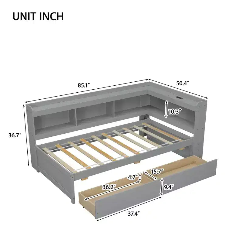 Twin L-shaped Bookcase Bed with Pine Wood Frame Two Drawers for Bedroom Gray