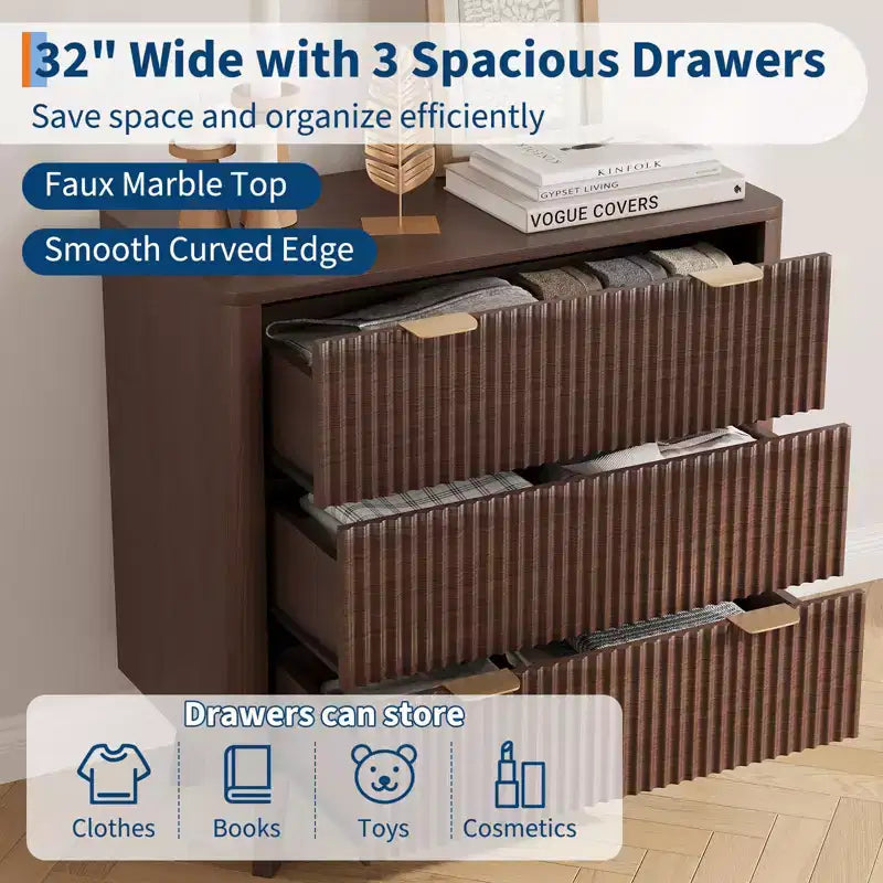 Modern Nightstand, Fluted Nightstand with Faux Marble Top, 3-Drawer Large Bedside Table, 32 Wide Curved Accent Nightstands