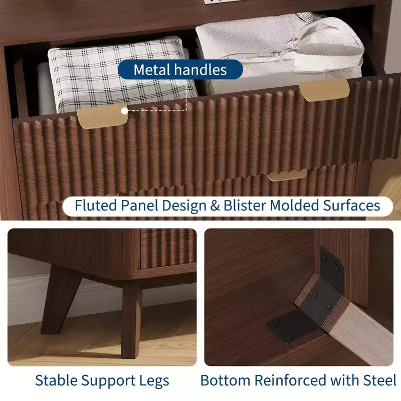 Modern Nightstand, Fluted Nightstand with Faux Marble Top, 3-Drawer Large Bedside Table, 32 Wide Curved Accent Nightstands
