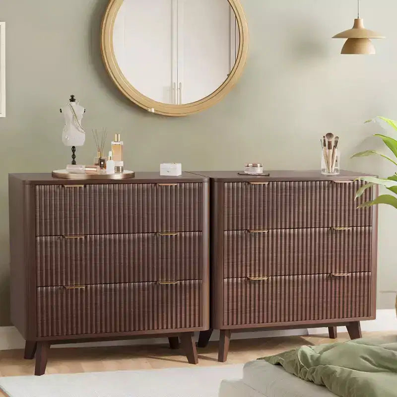 Modern Nightstand, Fluted Nightstand with Faux Marble Top, 3-Drawer Large Bedside Table, 32 Wide Curved Accent Nightstands