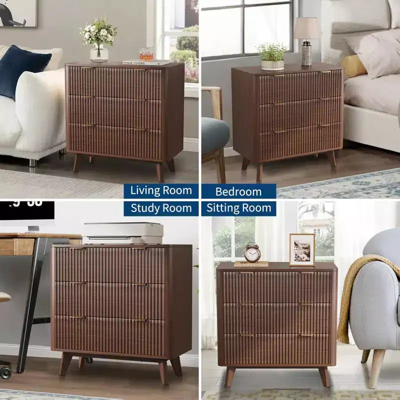 Modern Nightstand, Fluted Nightstand with Faux Marble Top, 3-Drawer Large Bedside Table, 32 Wide Curved Accent Nightstands