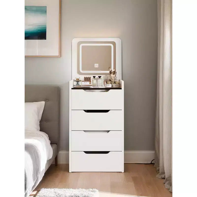 3-In-1 Vanity Table with Plip Top Mirror, Compact Vanity with Visible Glass Desktop and Cushioned Tool, Vanity Desk for Bedroom
