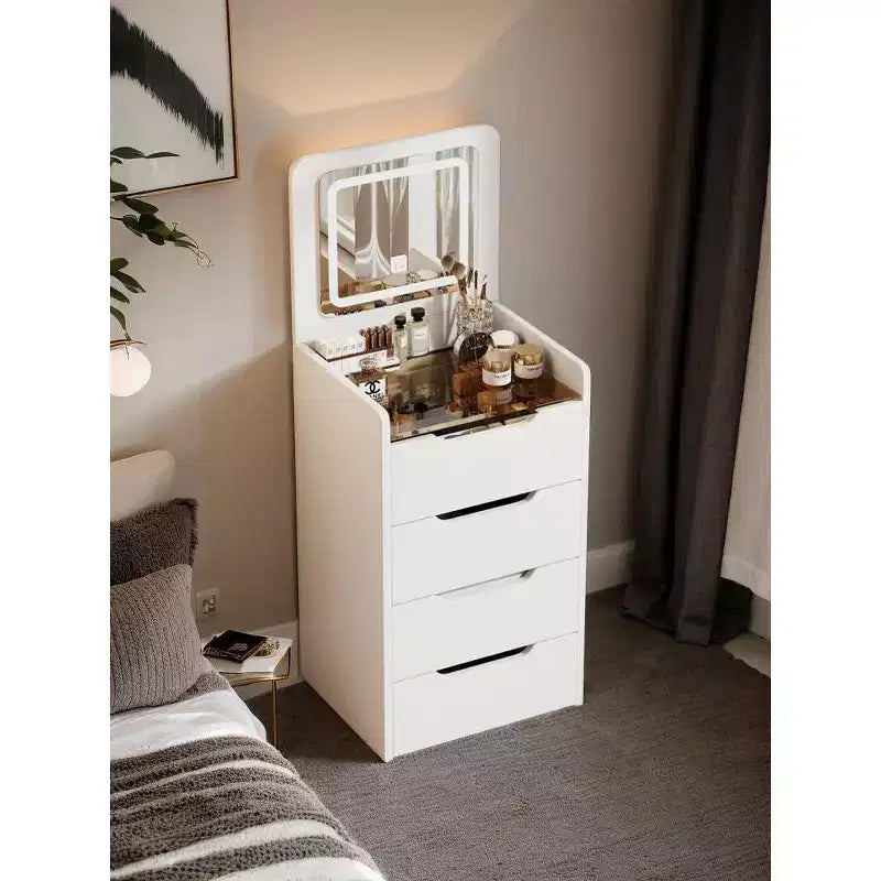 3-In-1 Vanity Table with Plip Top Mirror, Compact Vanity with Visible Glass Desktop and Cushioned Tool, Vanity Desk for Bedroom