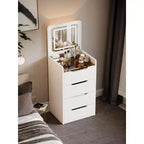 Coiffeuse 3-en-1 avec miroir basculant, coiffeuse compacte avec plateau en verre visible et tabouret rembourré, coiffeuse pour chambre à coucher