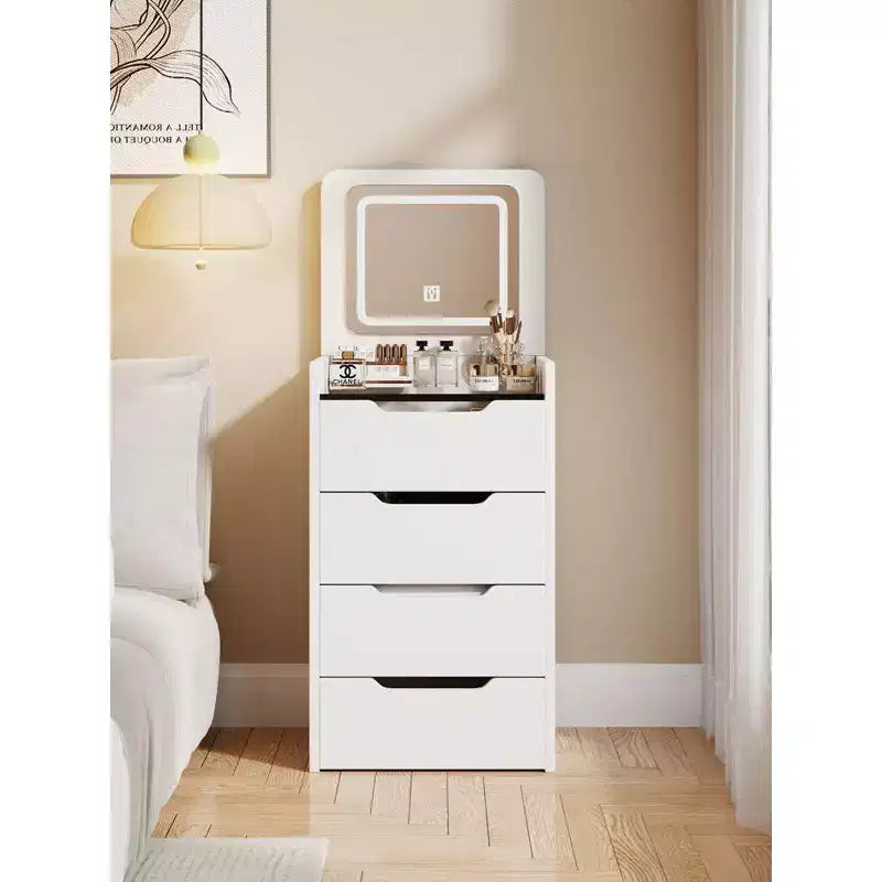 3-In-1 Vanity Table with Plip Top Mirror, Compact Vanity with Visible Glass Desktop and Cushioned Tool, Vanity Desk for Bedroom
