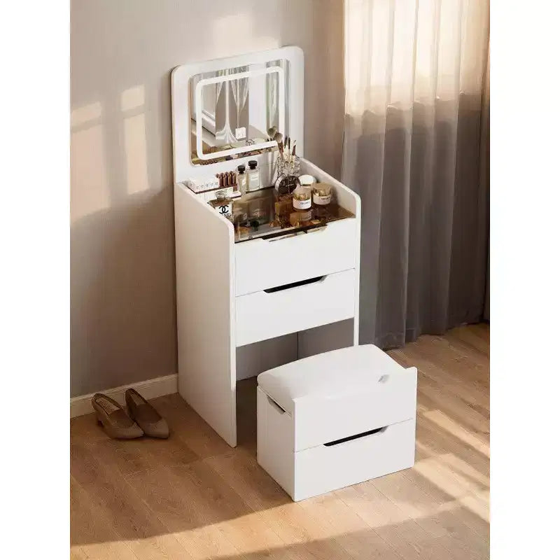 3-In-1 Vanity Table with Plip Top Mirror, Compact Vanity with Visible Glass Desktop and Cushioned Tool, Vanity Desk for Bedroom
