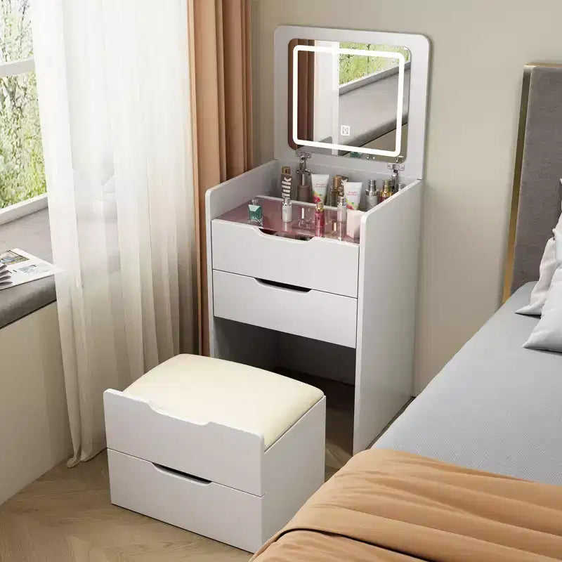 3-In-1 Vanity Table with Plip Top Mirror, Compact Vanity with Visible Glass Desktop and Cushioned Tool, Vanity Desk for Bedroom